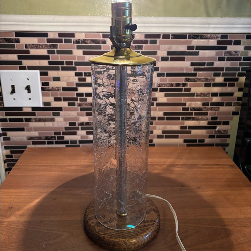 Vintage Blenko Crackled Glass Wood Brass Lamp 16”